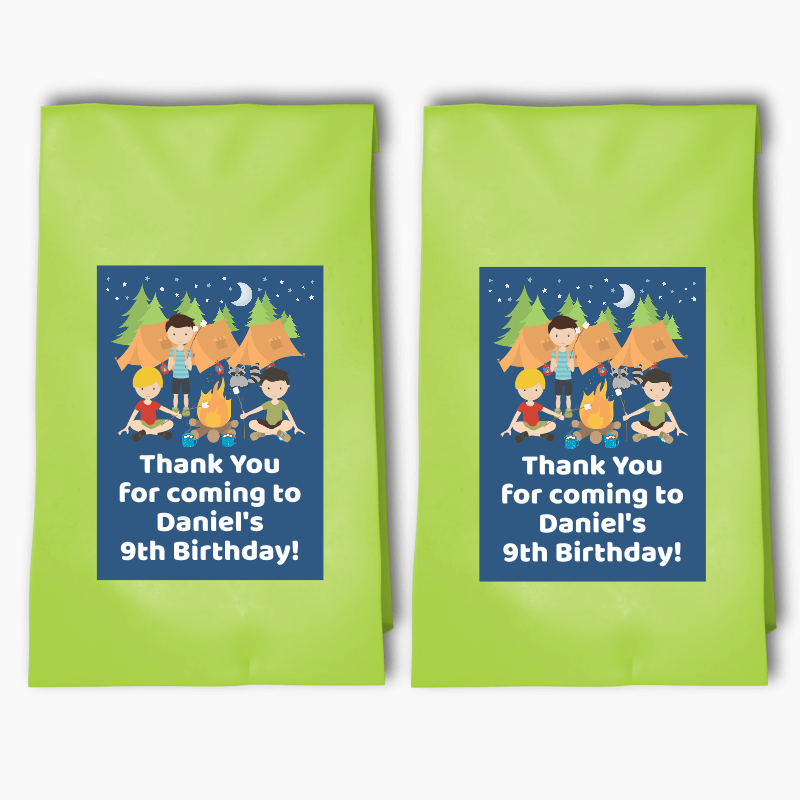 Personalised Boys Camp Out Birthday Party Bags & Labels