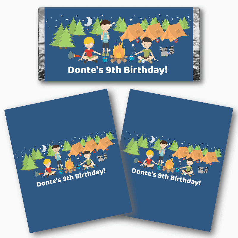 Personalised Boys Camp Out Birthday Party Mini Chocolate Labels