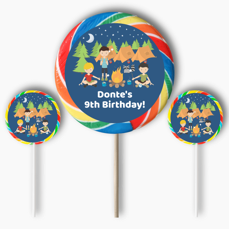 Personalised Boys Camp Out Birthday Party Round Lollipop Stickers