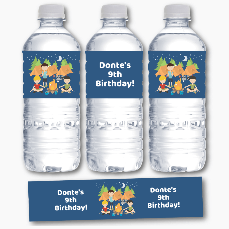Personalised Boys Camp Out Birthday Party Water Bottle Labels