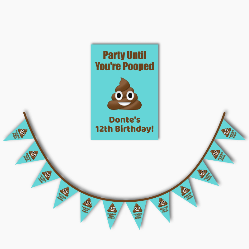 Personalised Boys Poop Emoji Party Poster &amp; Flag Bunting Combo