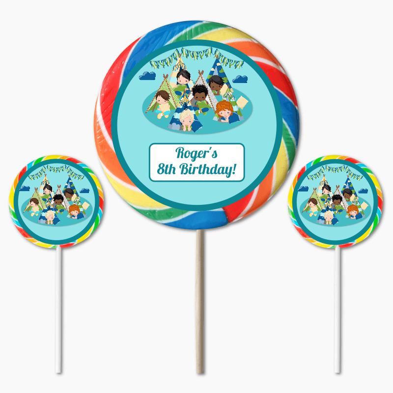 Personalised Boys Slumber Birthday Party Round Lollipop Stickers