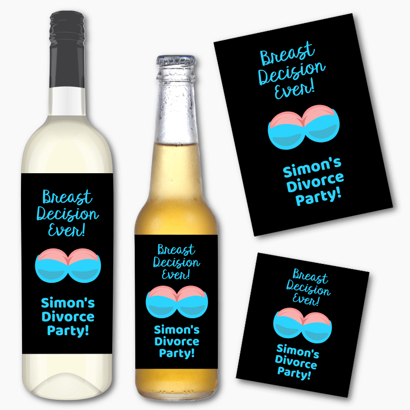 Personalised Breast Decision Ever Divorce Party Wine &amp; Beer Labels