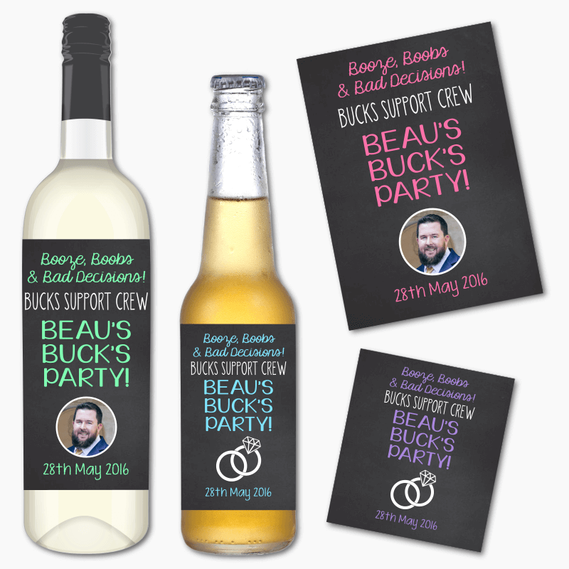 Personalised Bucks Support Crew Party Wine &amp; Beer Labels
