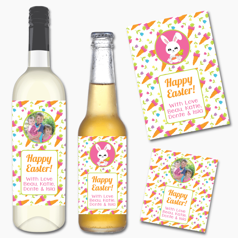 Personalised 'Bunny & Carrots' Easter Gift Wine & Beer Labels