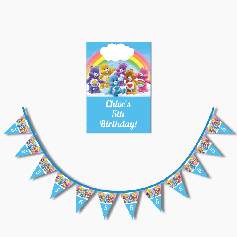 Personalised Care Bears Birthday Party Poster &amp; Flag Bunting Combo