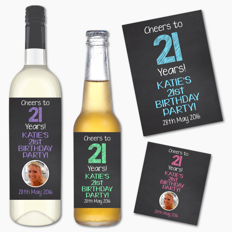 Personalised Cheers Birthday Party Wine &amp; Beer Labels with Photo