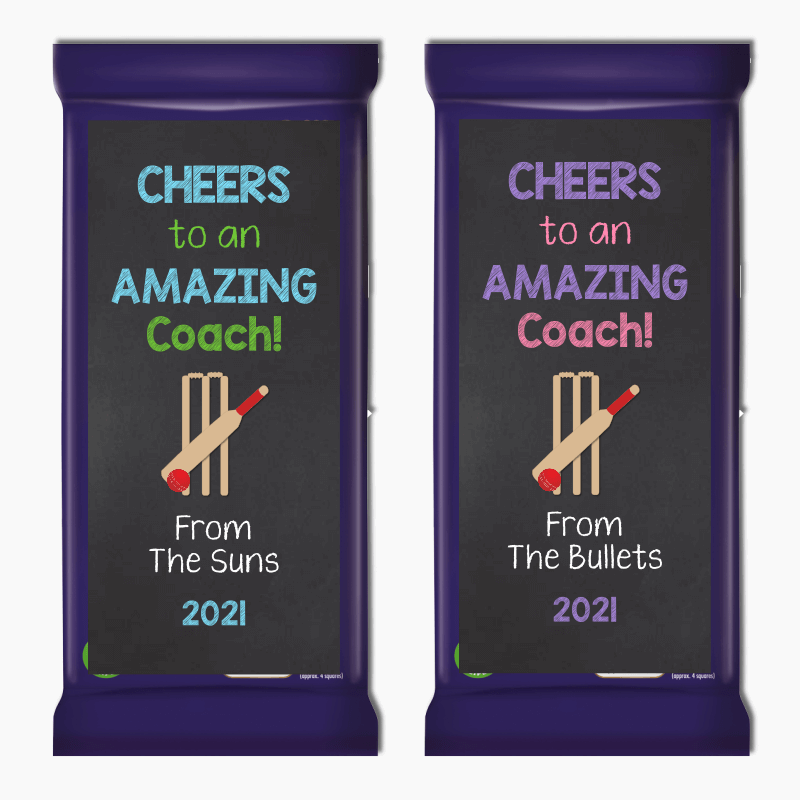 Personalised Cricket Coach Gift Cadbury Chocolate Labels