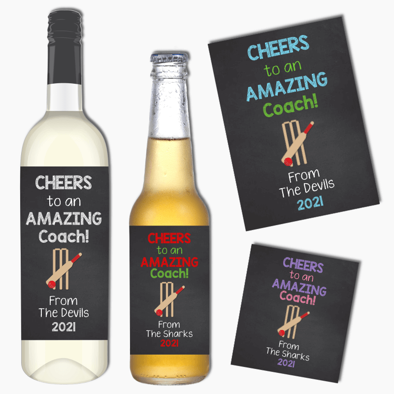 Cheers Cricket Coach Gift Wine & Beer Labels