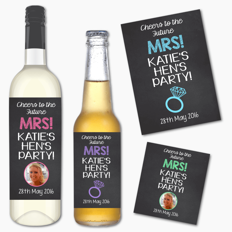 Personalised &#39;Cheers to the Future Mrs&#39; Hens Party Wine &amp; Beer Labels