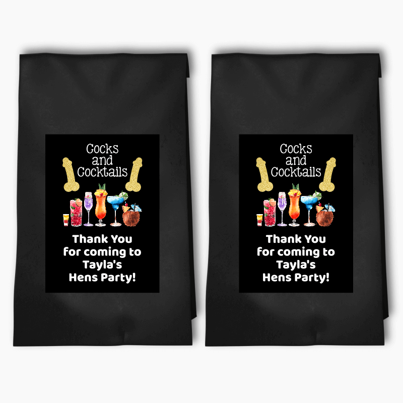 Personalised Cocks & Cocktails Hens Party Bags & Labels