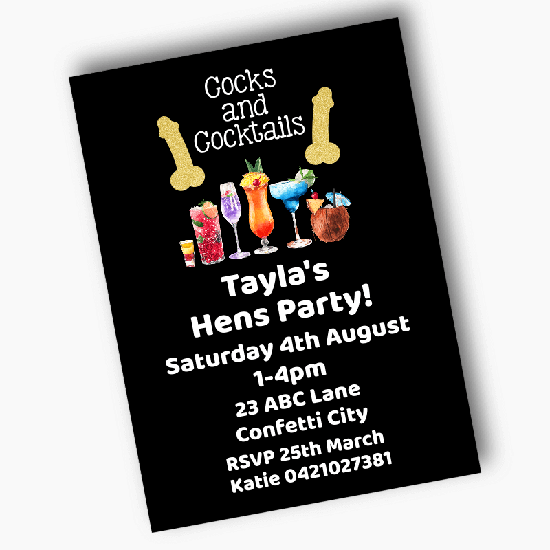 Personalised Cocks & Cocktails Hens Party Invites