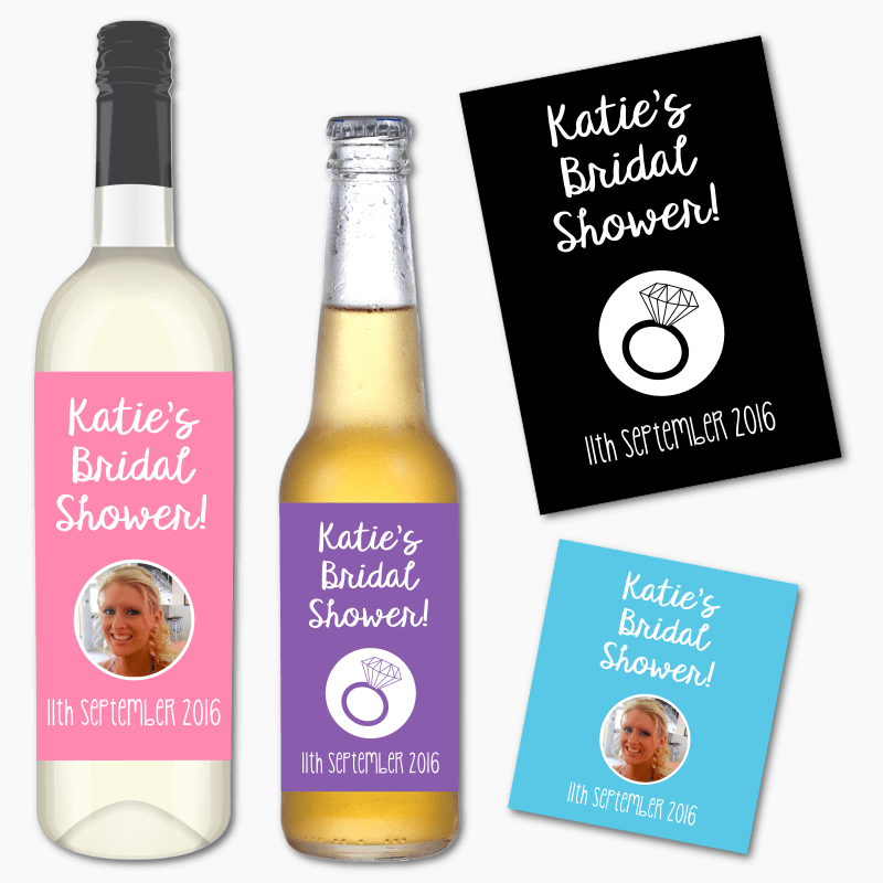 'Colourful' Bridal Shower Wine & Beer Labels with Photo