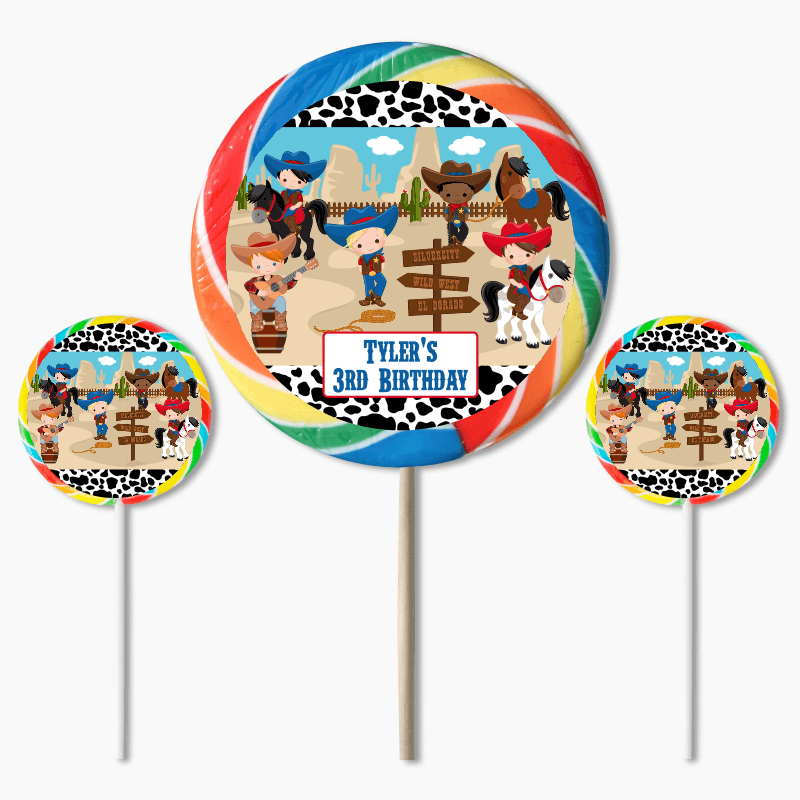Personalised Cowboy Birthday Party Round Stickers