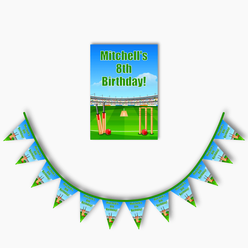 Personalised Cricket Party Poster &amp; Bunting Combo
