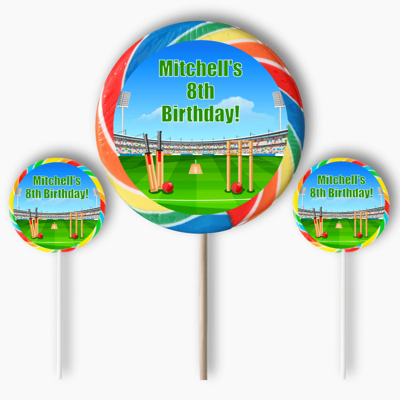 Personalised Cricket Birthday Party Round Stickers