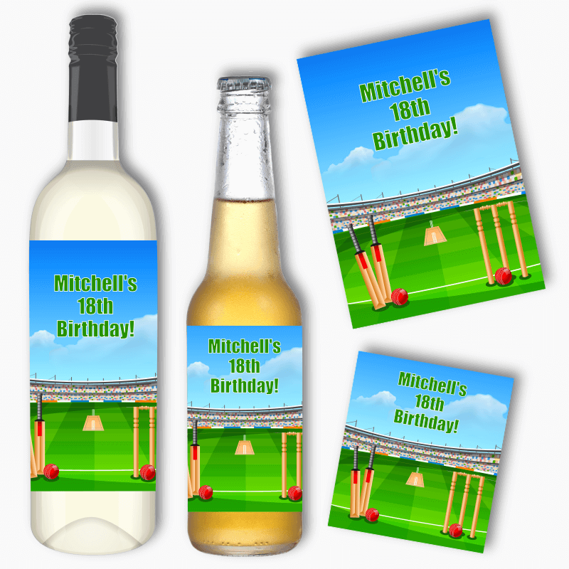 Personalised Cricket Birthday Party Wine & Beer Labels