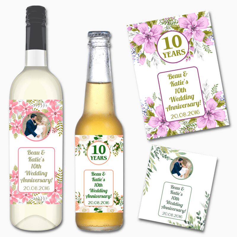 Custom Floral Anniversary Wine & Beer Labels with Photo