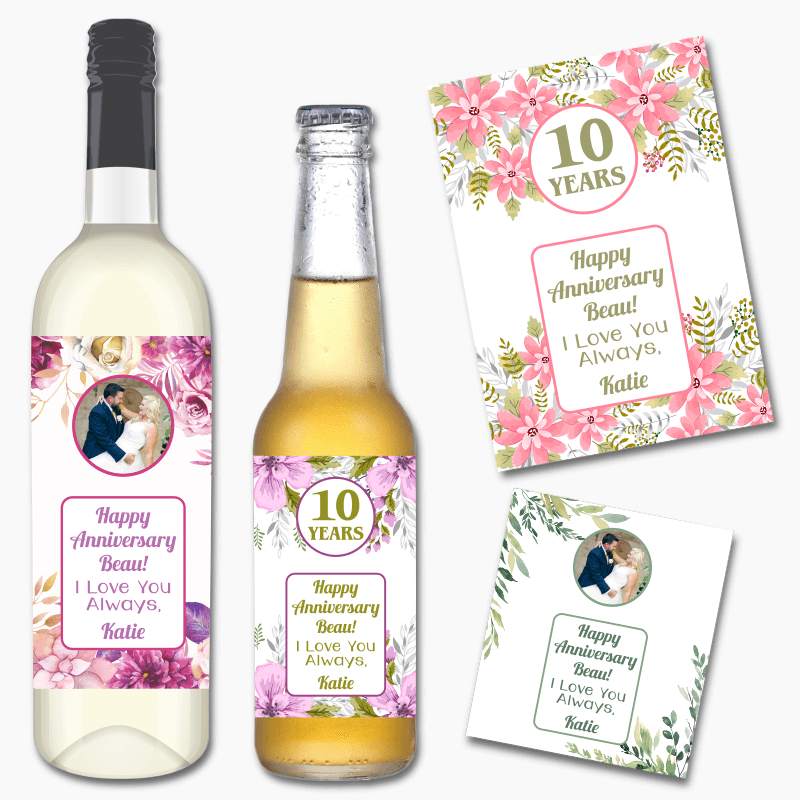 Custom Floral Happy Anniversary Wine & Beer Labels with Photo