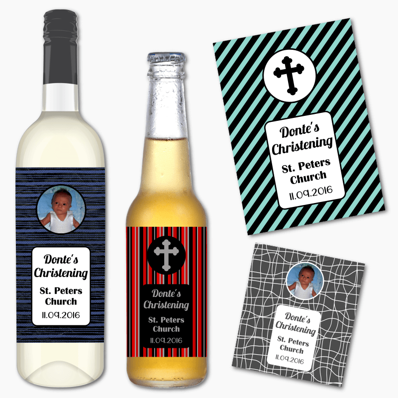 Personalised Fun Patterned Christening Wine & Beer Labels