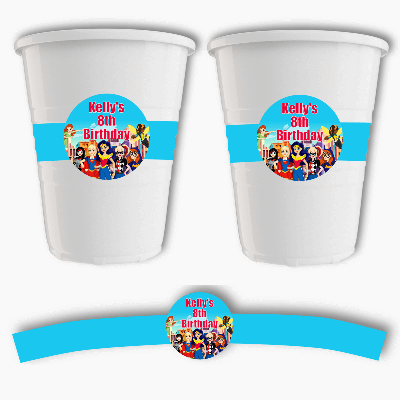 Personalised DC Super Hero Girls Birthday Party Cup Stickers