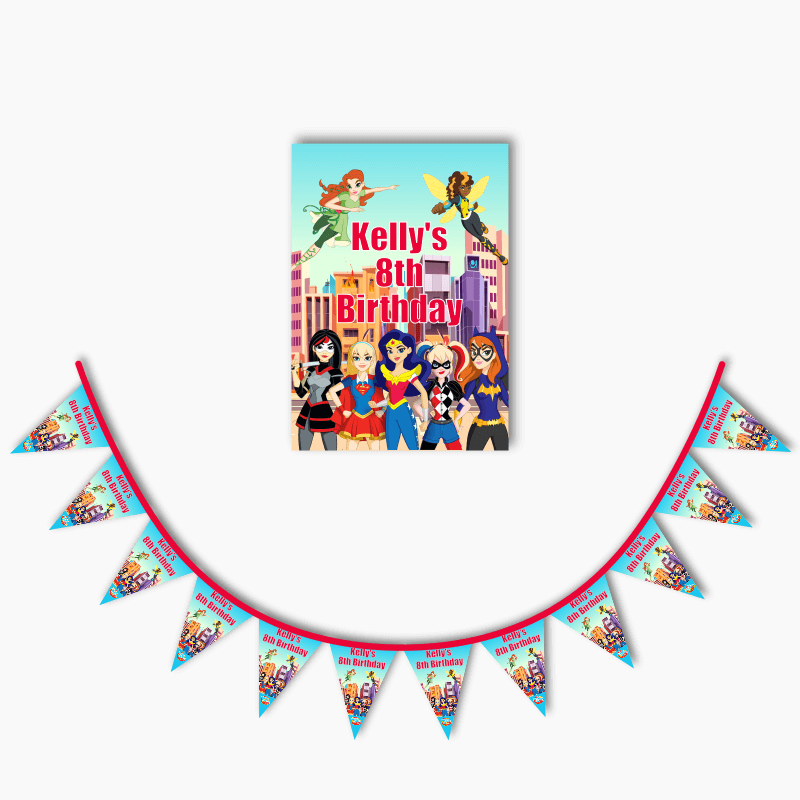 Personalised DC Super Hero Girls Party Poster &amp; Bunting Combo
