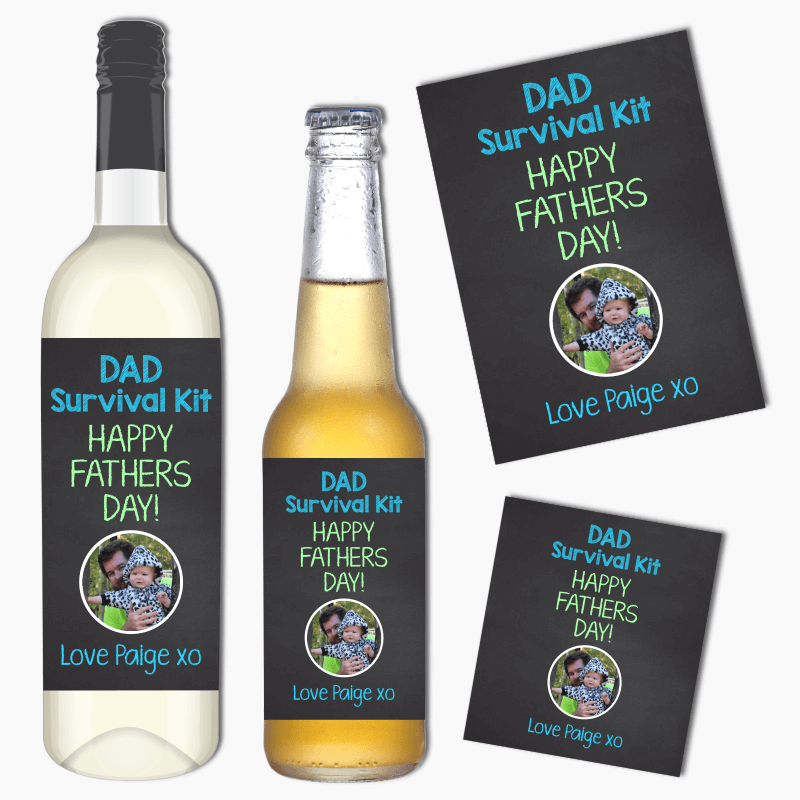 Dad Survival Fathers Day Gift Wine &amp; Beer Labels with Photo