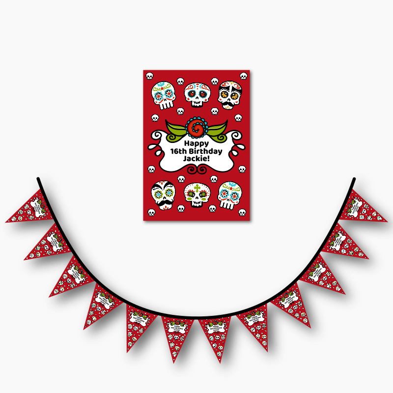 Personalised Day of the Dead Birthday Party Poster &amp; Flag Bunting Combo