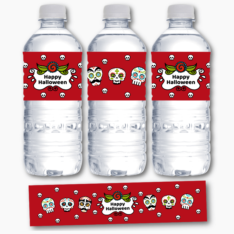 Personalised Day of the Dead Halloween Party Water Bottle Labels