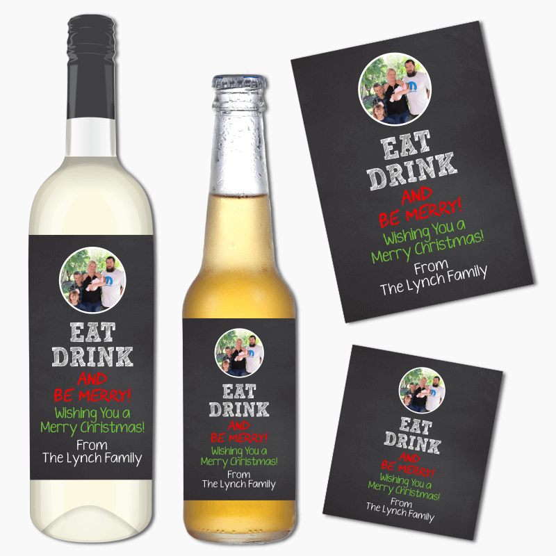 Eat Drink and Be Merry Christmas Gift Wine &amp; Beer Labels with Photo