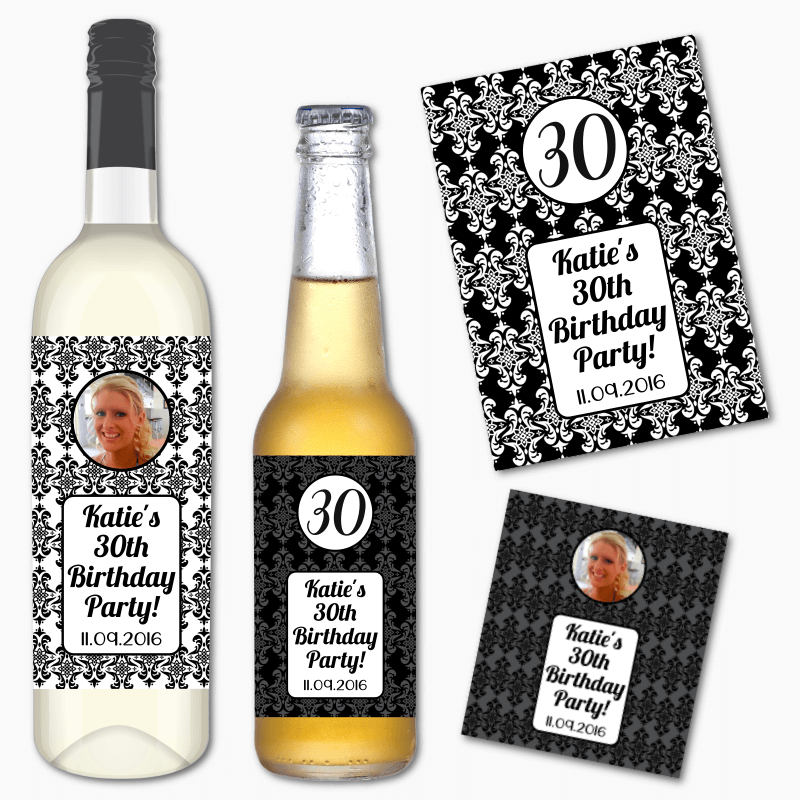 Elegant Damask Birthday Party Wine & Beer Labels with Photo