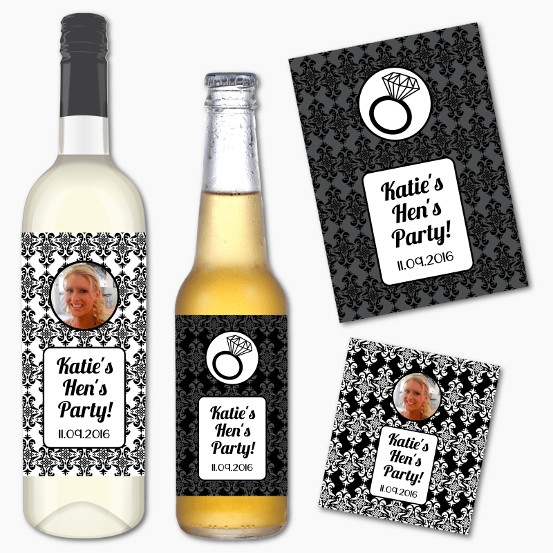 Personalised Elegant Damask Hens Party Wine & Beer Labels
