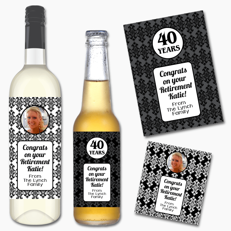 Elegant Damask Retirement Gift Wine & Beer Labels with Photo