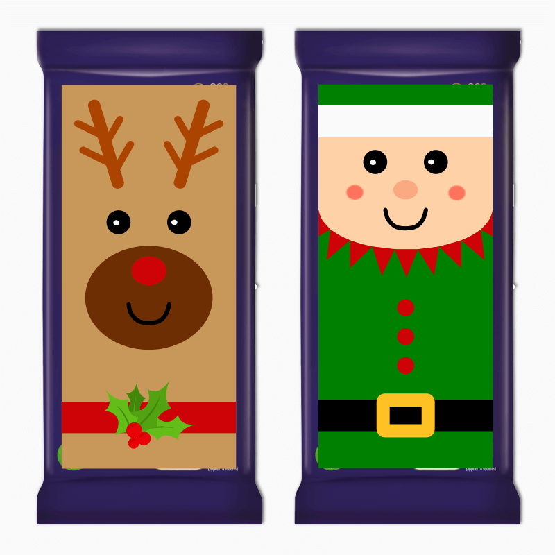 Elf &amp; Reindeer Christmas Gift Cadbury Chocolate Labels