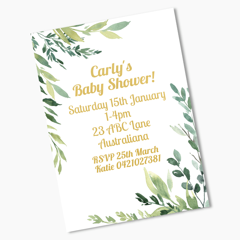 Personalised Eucalyptus Leaves Baby Shower Invites