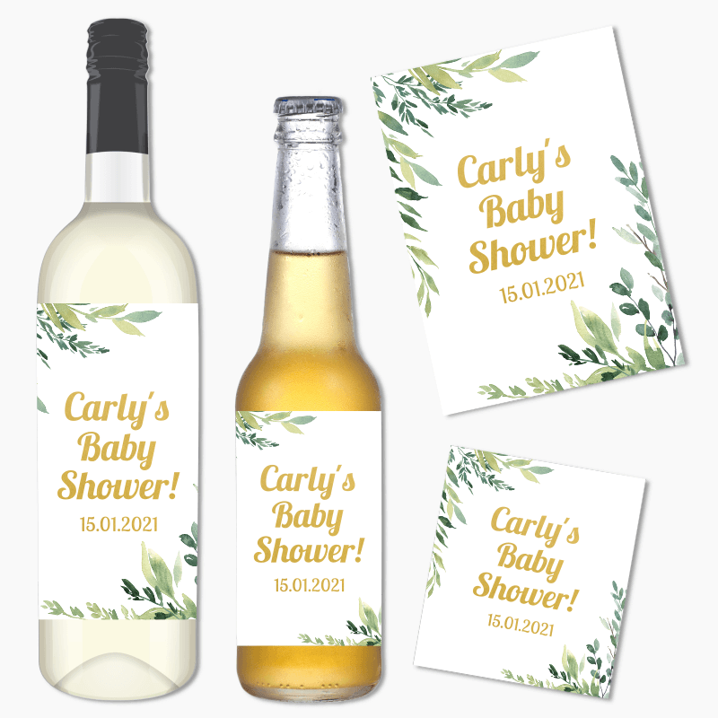 Personalised Eucalyptus Leaves Baby Shower Wine & Beer Labels