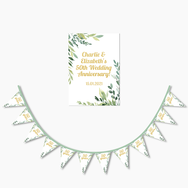 Personalised Eucalyptus Leaves Wedding Anniversary Poster &amp; Flag Bunting Combo