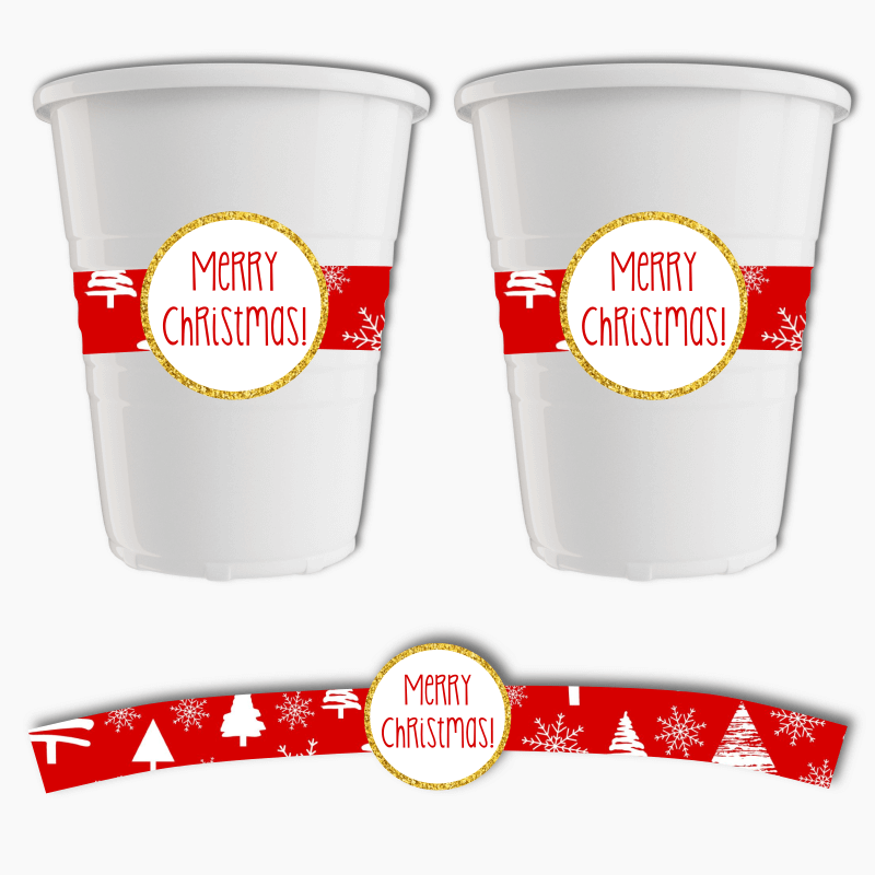 Festive Red &amp; Gold Christmas Party Cup Stickers