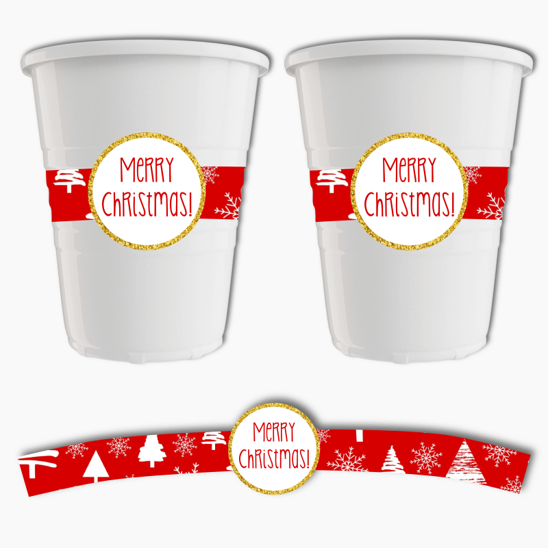 Festive Red & Gold Christmas Party Cup Stickers