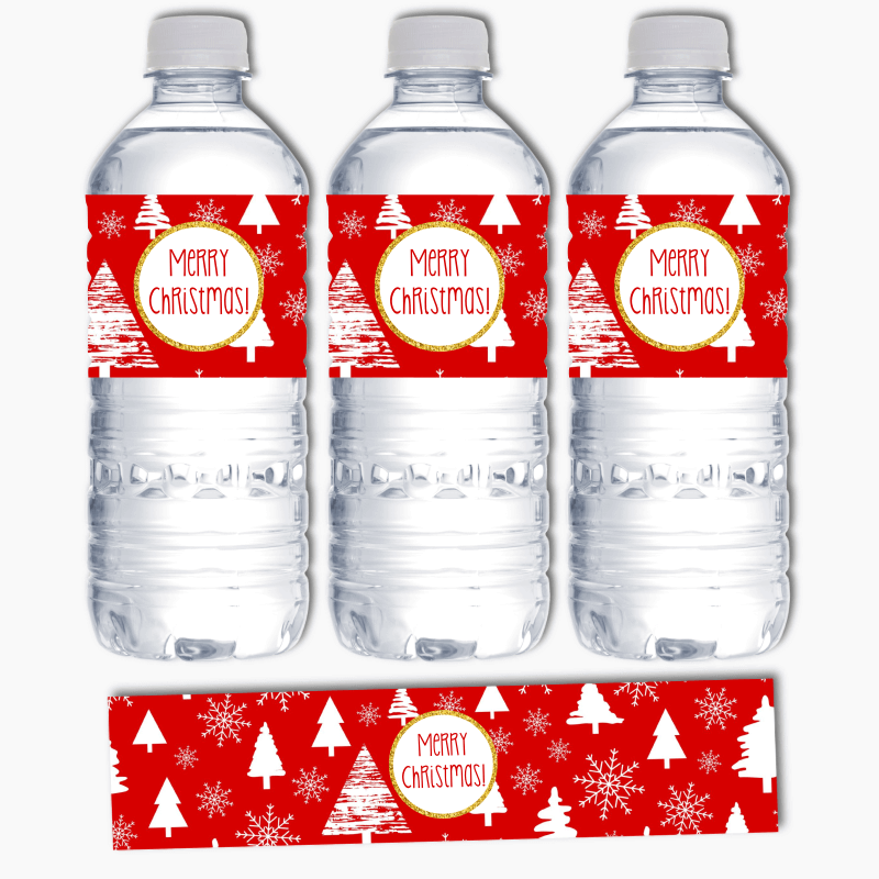 Festive Red & Gold Christmas Party Water Bottle Labels