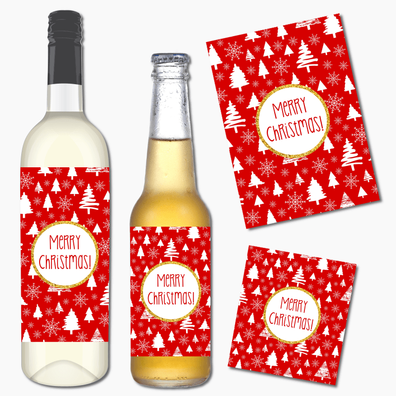 Festive Red &amp; Gold Christmas Party Wine &amp; Beer Labels