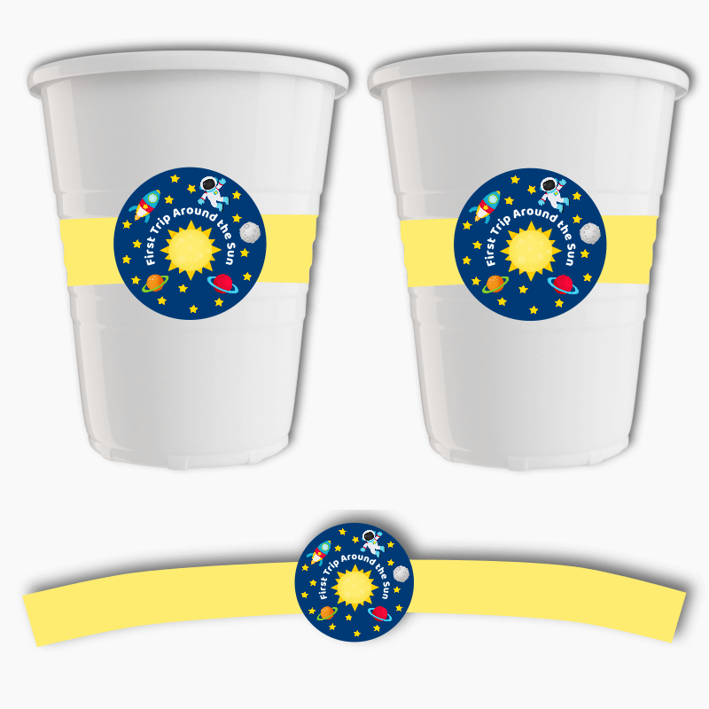 Personalised First Trip Around the Sun Birthday Party Cup Stickers
