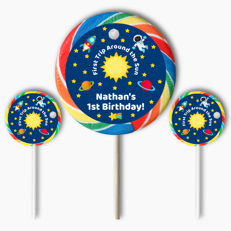 Personalised First Trip Around the Sun Birthday Party Round Stickers