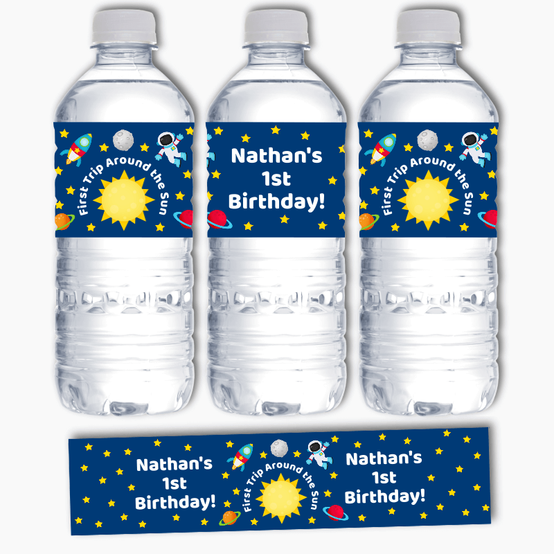 Personalised First Trip Around the Sun Party Water Bottle Labels