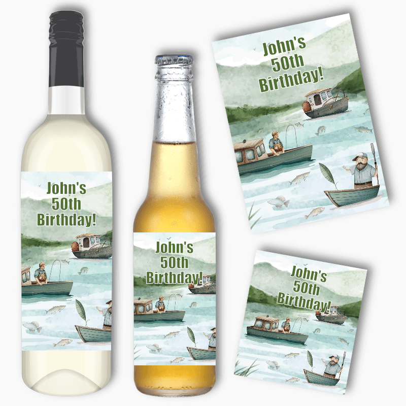 Personalised Fishing Birthday Party Wine &amp; Beer Labels
