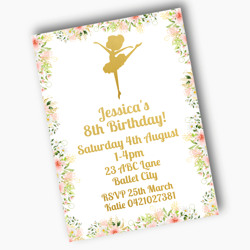 Personalised Floral Ballerina Birthday Party Invites