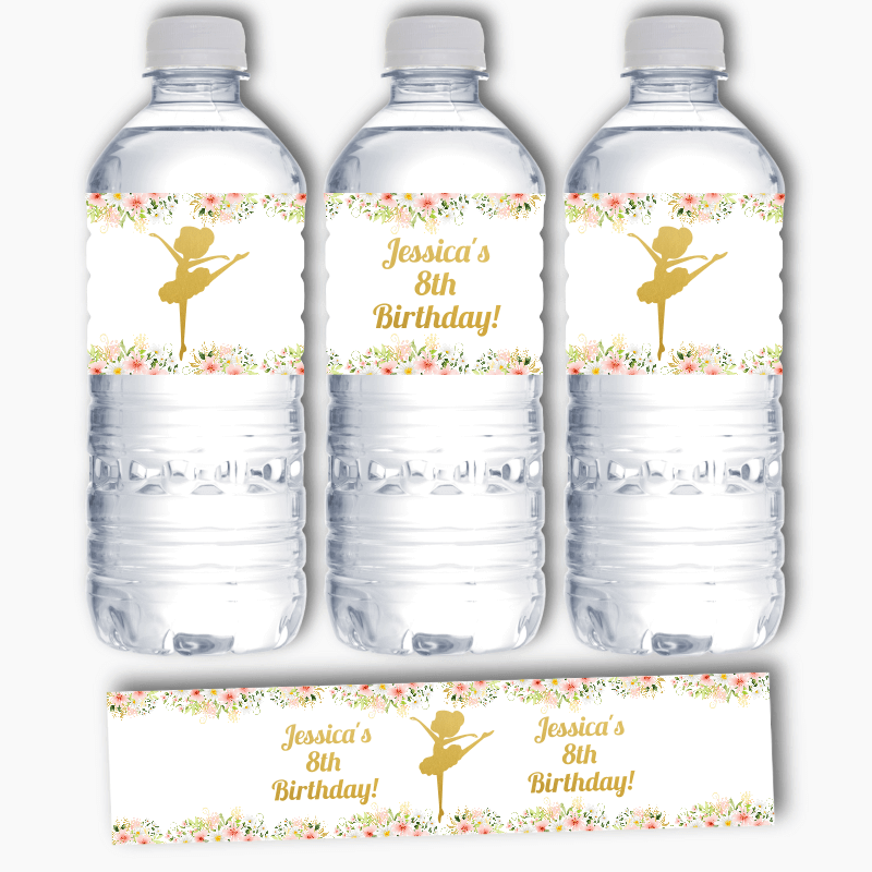 Personalised Floral Ballerina Birthday Party Water Bottle Labels
