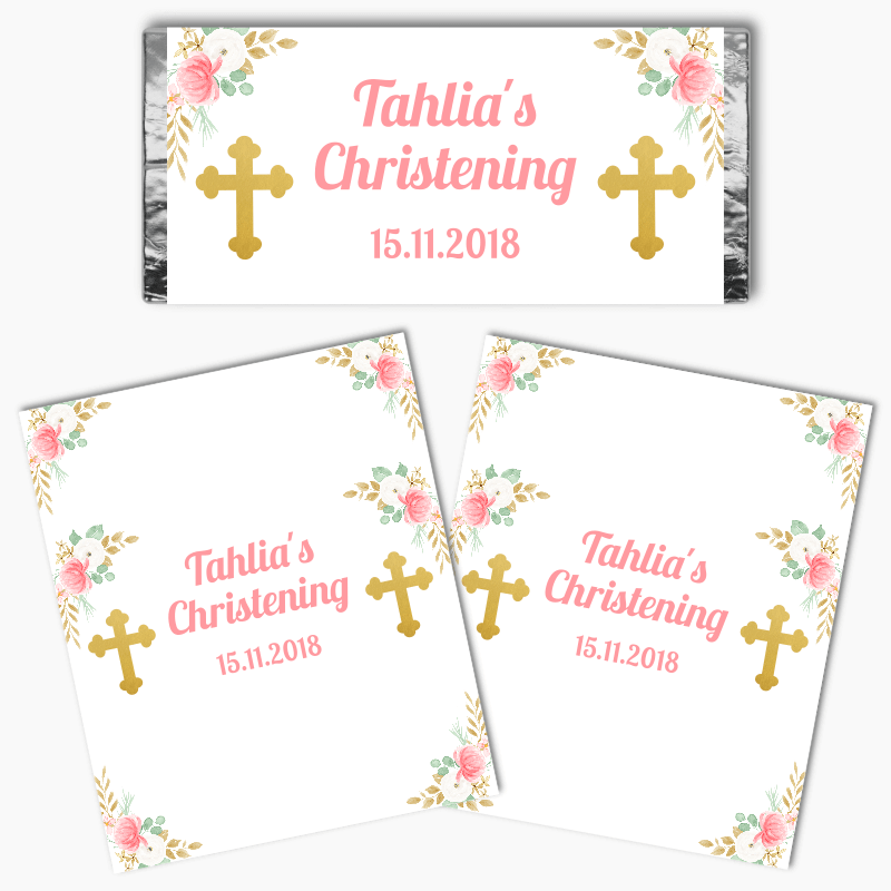 Personalised Floral Cross Christening Mini Chocolate Labels