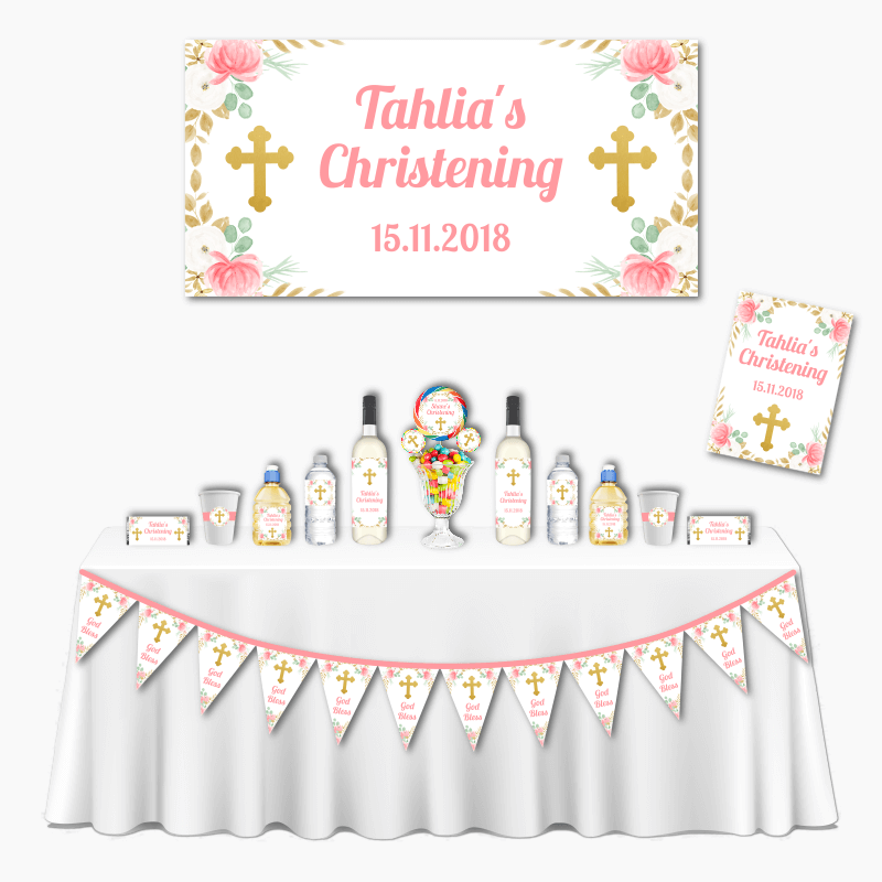Personalised Floral Cross Deluxe Christening Decorations Pack