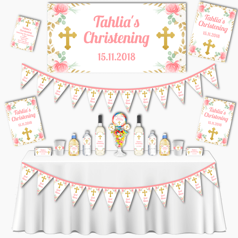 Personalised Floral Cross Grand Christening Decorations Pack